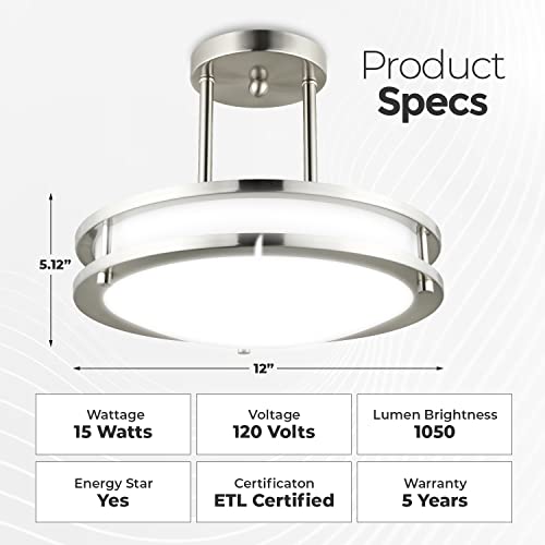 Diodesy 12 Inch Led Semi Flush Mount Ceiling Light Fixture, 15W Dimmable Pendant Kitchen Light Fixtures, 3000K/4000K/5000K Adjustable, 1050Lm For Bathroom, Hallway, Living Room And Bedroom, Etl Listed #TOP1