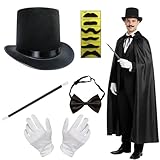 YaYuanSun Magician Costume Accessories for Adult with Top Hat Set,Beard,Bow Tie, Magic Wand and Gloves for Magic Tricks Show Halloween Cosplay,1920s Men Accessories
