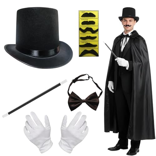 YaYuanSun Magician Costume Accessories for Adult with Top Hat Set,Beard,Bow Tie, Magic Wand and Gloves for Magic Tricks Show Halloween Cosplay,1920s Men Accessories