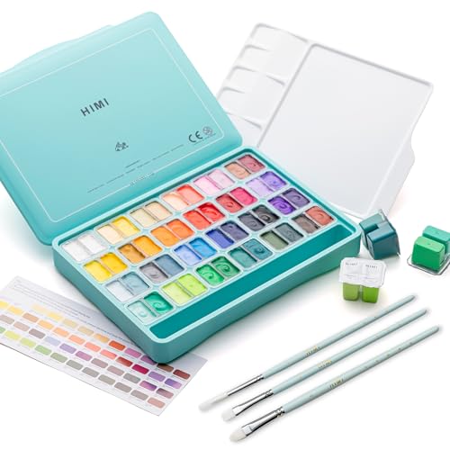 HIMI Twin Cup Jelly Gouache Paint Set with 3 Paint Brushes, 48 Colors 12g, Jelly Cup Design, Non Toxic Paint for Canvas and Paper, Art Supplies for Professionals (Green Case)