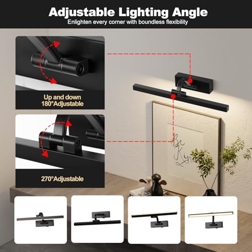 LED Wireless Picture Light with Remote Control – Dimmable, USB Rechargeable, 270° Rotate, 15.5 Inch Black Wall Lamp for Art and Gallery