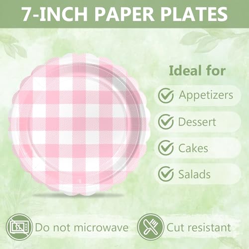 Image of Mulbozy 75 Cute Pink Gingham Paper Plates and Napkins for Party, 25-7 inch