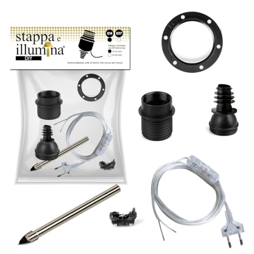 Stappa e illumina DIY + punta trapano per vetro | Portalampada E14 da assemblare per bottiglie con foro da 15 a 22 mm Portalampada bottiglie con foro (E14, Standard)