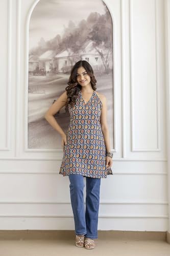 Image of Women's Printed Halter Neck Kurti Top | Sleeveless V-Neck Short Tunic with Back Tie-Up | Casual Ethnic & Summer Wear