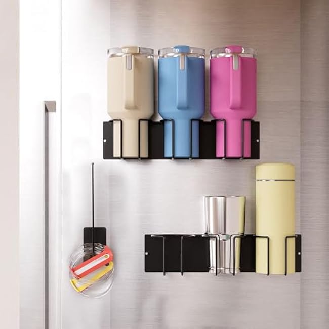 Picowe 3 PCS Magnetic Stanley Cup Holder for Fridge, Metal Water Bottle Organizer with 2 Cup Holders & 1 Lid Organizer for Stanley 40 oz Tumblers (Black)