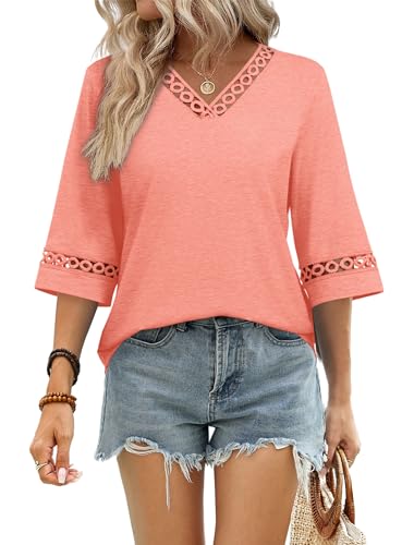 Image of WIHOLL Womens Tops Eyelet Lace V Neck 3 /4 Bell Sleeve Blouses Dressy Casual Work Shirt 2026 Summer Fall Fashion Clothing