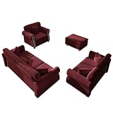 KEIKI 3-Piece Chesterfield Sofa Set with 1 Velvet 3-Seater Sofa & 1 Loveseat & 1 Single Sofa, 6-Seater Couch Set with Nailhead Trim & Rolled Arms & 1 Ottoman & 6 Pillow, for Living Room, Burgundy