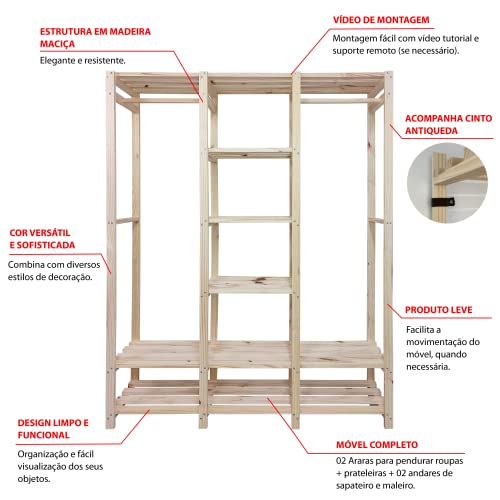 Estante Arara com Cabideiro, Prateleiras, Sapateira e Maleiro em Madeira