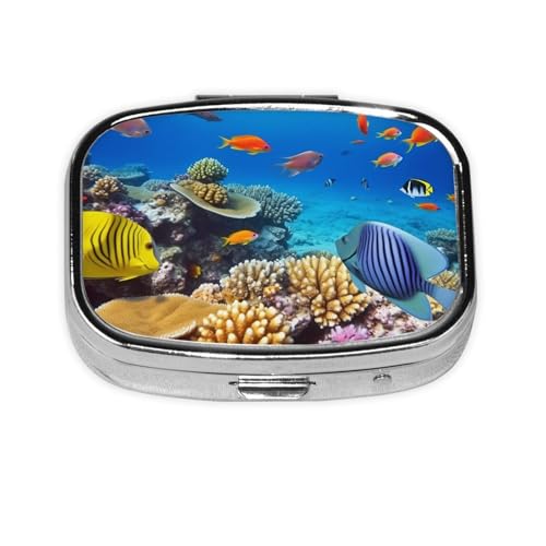 ピルボックス サンゴと海の魚 スクエア ピルケース ミニメタル トラベルピルボックス 財布用 小型 かわいい 2コンパートメント 薬 ピルオーガナイザー ポータブル ピルコンテナ ホルダー 毎日の薬 ビタミン