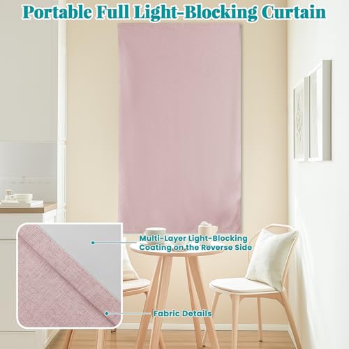 Image of 100% Blackout Magic Tape Stick On Curtains Window Shades Pull Down Blackout Window Cover No Drillng Self Adhesive Curtains No Rod Small Windows, W35 x L60 inch, 1 Panel, Light Pink