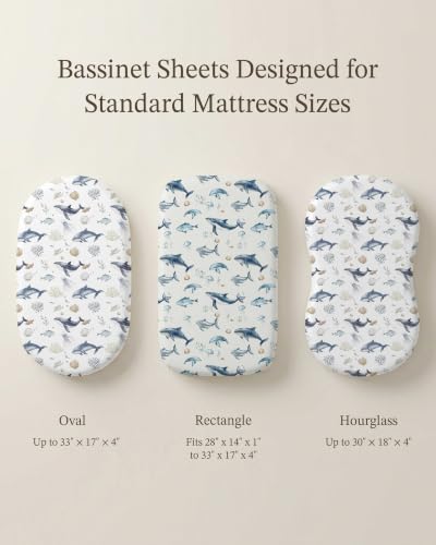 Image of Bassinet Sheets for Baby Girls Boys 2 Pack, Fitted Baby Mattress Sheet for Rectangle, Oval, Hourglass Bassinet Mattress, Breathable Cozy & Universal Fit (Aquatic Adventures, Bassinet Sheet)