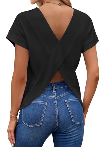 LilyCoco Women's Short Batwing Sleeve Shirt Criss Cross Back Tops Casual Loose Plain Tee Black Large