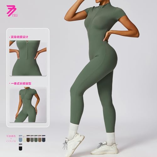 Mono de yoga verde para mujer con cremallera frontal ajustable 4