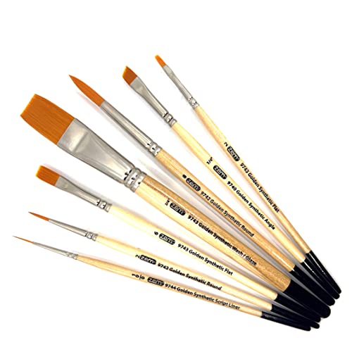 Zem Brush Golden Synthetic Brush Set 7 Pcs Brushes Wash 3/4", Flats 2 & 6, Angle 1/4", Rounds 2 & 8, Liner 10/0 #TOP4