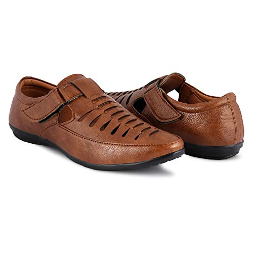 YSCROWD Men's Sandal Hook & Loop Fashionable Casual Synthetic Leather Brown Sandals for Men & Boy