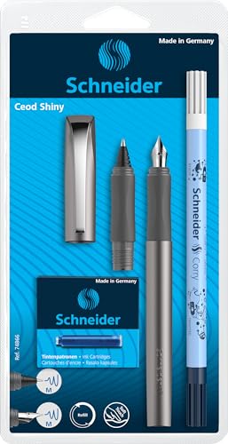 Schneider Ceod Shiny 74866 - Juego de escritura con pluma estilográfica, bolígrafo de tinta y tinta para diestros y zurdos, pluma M, incluye cartuchos de tinta azul real, grafito