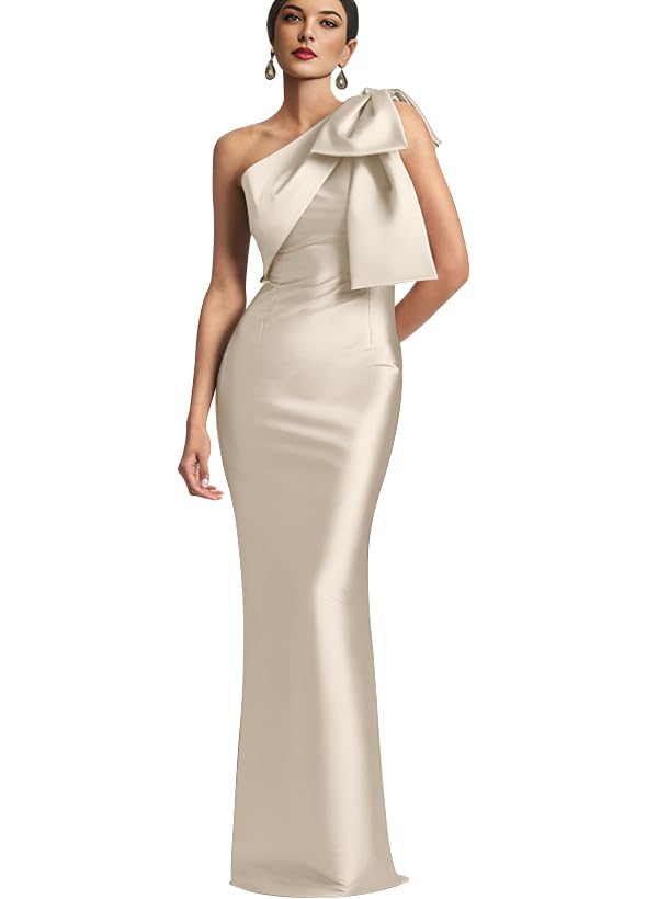 Image of IIF One Shoulder Bow Prom Dress for Women Mermaid Satin Formal Dresses Long Bodycon Evening Cocktail Gowns IIF043