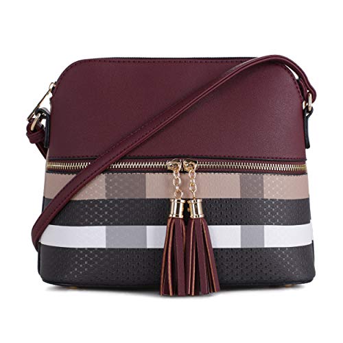 SG SUGU Lightweight Medium Dome Crossbody Bag with Tassel | Plaid Pattern | Burgundy/Brown