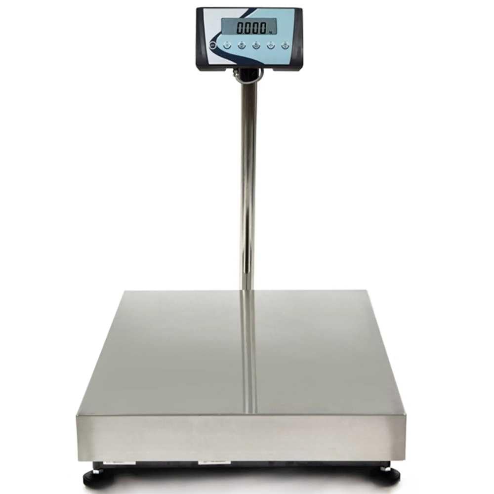 MBH - Balanza Industrial Inox Grande con Columna hasta 300 kg. Báscula Profesional para Sacos, Cajas, Paquetería y Animales. Pantalla LCD y Plataforma 500x400 mm (500x400x840 mm)