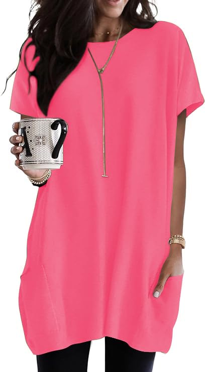 Poetsky Sommer-Tunika-Oberteil für Damen, Leggings mit Taschen, kurzärmelig, lässig, lange T-Shirts, neon pink, Large