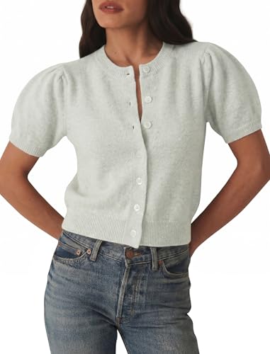 Image of Womens Puff Short Sleeve Cardigan Sweaters Cropped Button up Lightweight Y2k Knit Summer Cardigans