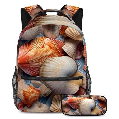 Sac à dos avec trousse imprimé coquillages naturels cartable scolaire