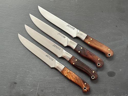 Juego de 4 cuchillos de carne hechos a mano | Acero de Damasco auténtico | Cuchillo de carne de borde liso | Cuchillo de mesa | Espiga completa | Corte de carne | Mango de madera (acero al carbono)