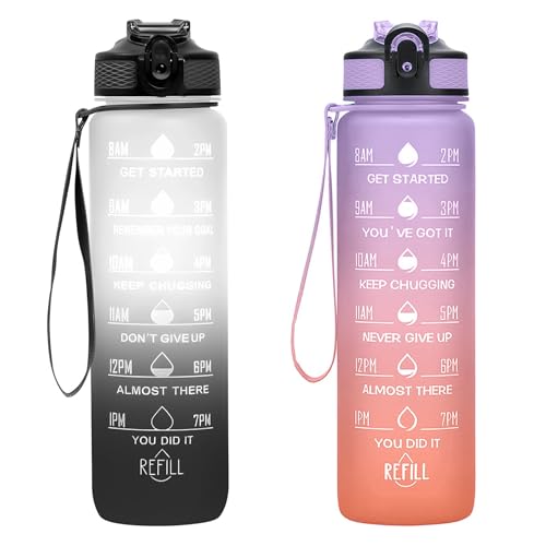 2 Stück Trinkflasche 1L, BPA-Frei Tritan Wasserflasche mit Strohhalm, Sport water bottle mit Zeitmarkierung für Fitness, Schule, Yoga, Outdoor (2 Stück Weiß-Schwarz, Lila Hellorange)