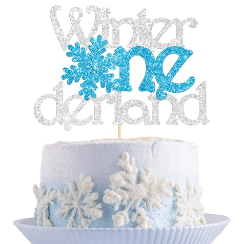 1Pc Winter Onederland Cake Topper Glitter Snowflake One 1st Birthday Party Cake Pick Decorations for Winter Snowflake Theme Baby Shower Kids First Birthday Party Supplies Silver Blue