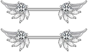 VUZALRANO 14G Angel Wings Stainless Steel Nipple Rings Sparkling Cubic Zirconia CZ Straight Barbell Tongue Ring Nipple Ring Shield Bar Piercing Body Girlfriend