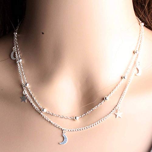 Preisvergleich Produktbild Jovono Boho Mehrschichtige Crescent Moon Anhänger Chokerhalsketten Mode Perlen Stern Halskette Kette Schmuck für Frauen und Mädchen (silber)