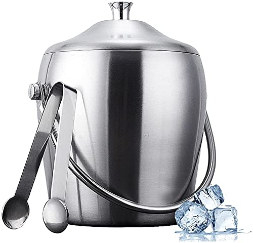 Ice Bucket 2L Stainless Steel Ice Buckets with Tongs Double Wall Insulated Champagne Bucket Wine Bucket with Lid for Ktv Bar Outdoor