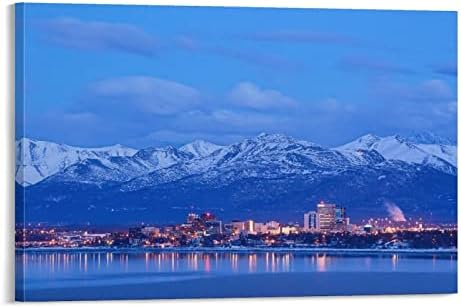 Canvas Wall Art The Anchorage Alaska Skyline in Winter The Chugach Mountains Canvas Prints Wall Art Paintings Artworks Pictures Posters for Living Room Bedroom Decoration, Gift for Wedding Christmas