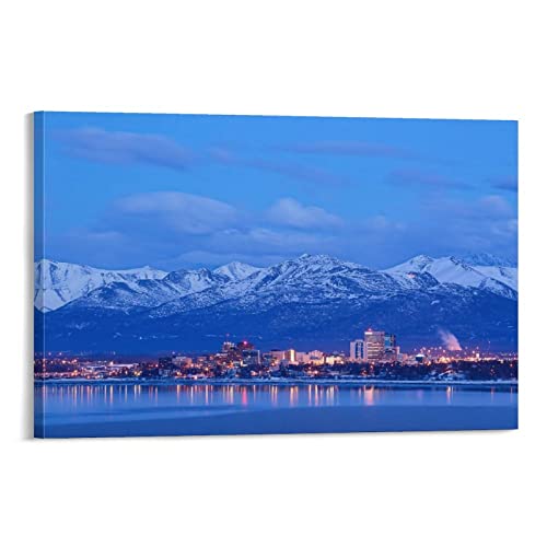 Canvas Wall Art The Anchorage Alaska Skyline In Winter The Chugach Mountains Canvas Prints Wall Art Paintings Artworks Pictures Posters For Living Room Bedroom Decoration, Gift For Wedding Christmas #TOP8