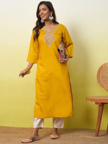 Image of Women's Embroidered Silk Straight Kurta Kurti | Below Knee Kurtas for Women Traditional Indian Wear Outfit Suitable Casual Festive Office Styling