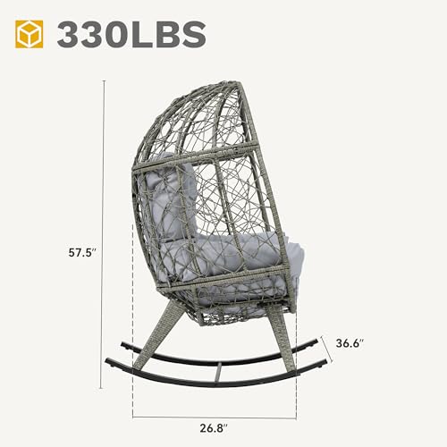 DWVO Wicker Rocking Egg Chair, Oversized Indoor Outdoor Rattan Rocking Chair, Indoor Outdoor Lounger for Patio, Backyard, Living Room, Light Gray