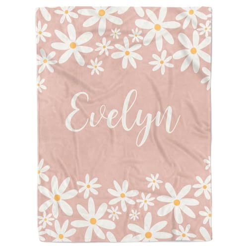 White Daisies Floral Personalized Baby Girl Blanket, Custom Name Gift