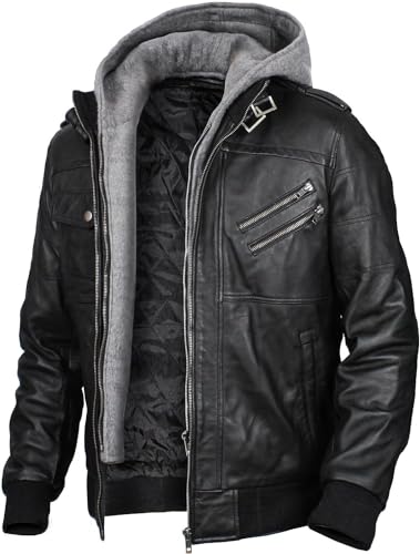 Mens leather jacket Geniune motorcycle Fashion jacket men with removable hood leather jacket for man Leather jacket.