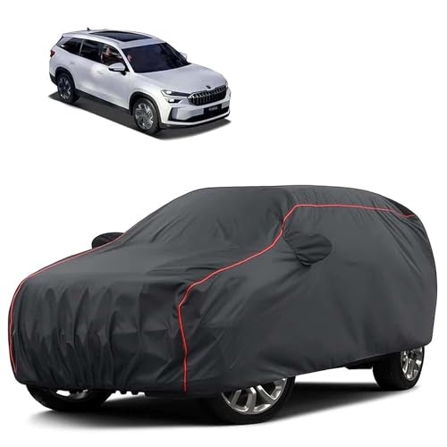 Image of Sulfar 100% Water Resistant Car Body Cover Compatible with Mirror for Skoda Kodiaq (Triple Stitched, Full Bottom Elastic, Dark Grey Tafetta with Red Piping)
