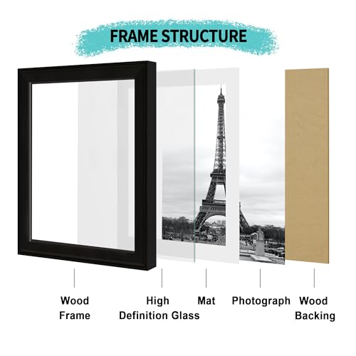 Image of iRahmen 10x12 Vintage Picture Frame with Mat 8x10 - High Definition Real Glass Wooden Photo Frames for Tabletop Display and Wall Mounting (Black, Set of 4)