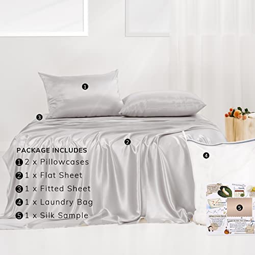 Promeed Mulberry Silk Bed Sheets King Set 23 Momme, 100% Grade 6A+ Silk Sheets 4Pcs Set With Flat Sheet, Fitted Sheet And Pillowcases For Sensitive Skin (Light Grey, King) #TOP5