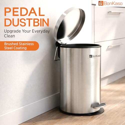 Image of Bonkaso 5L Stainless Steel Pedal Dustbin with Lid & Plastic Inner Bucket (7x11 Inch) | Foot Operated Garbage /Trash Can For Home, Kitchen, Bathroom & Office | Rust Proof Round Waste Bin (Silver)