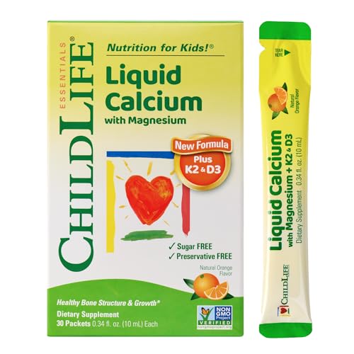 ChildLife Essentials Liquid Calcium Supplement for Kids Single Serve - Baby Calcium with Magnesium Vitamin D 3 K 2 & Zinc for Bone Support & Nutrition - Orange Flavor 0.34 fl oz (30 Stick Packs)