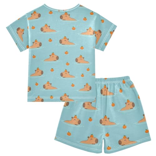 Orange Capybara Cyan Pajama Set Short Sleeve Sleepwear Nightwear Set Soft Summer Pajamas2