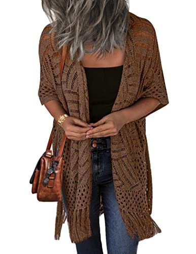Image of HOTOUCH Womens Knit Cardigan Open Front Outwear Hollow Out Crochet Tassel Lightweight Kimonos Sweater S-XXL
