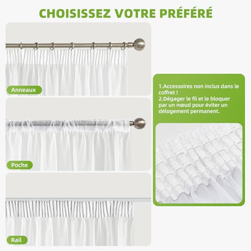 Voilage blanc 200x245 cm avec galon fronceur pour salon - 3
