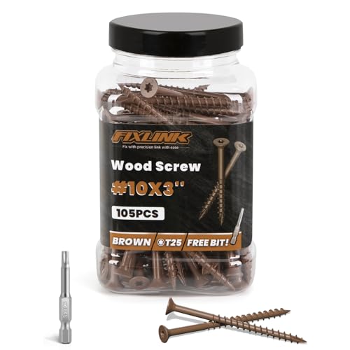 Image of Wood Screws 3 Inch, FIXLINK Deck Screws #10 x 3, 105 PCS, Epoxy Coated, T25 Star Bit Above 1500 Hour Salt Spray Coating Outdoor Decking Screws Excellent Rust Resistant for Wood Fence, Brown