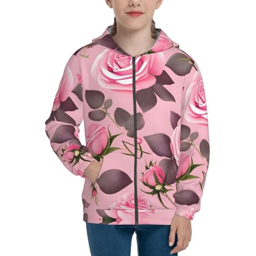 Pretty Pink Roses Print Girls Athletic Zip Up Hoodies,Sweatshirts with Pockets Long Sleeve Hooded Jackets, for 7-18 Y2