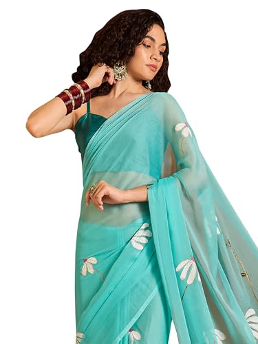 Image of SAREE MALL Women's Chiffon Daisy Floral hand paint Tassel Pallu Lightweight Summer Saree
