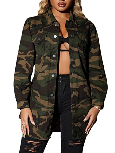 WDIRARA Women's Camo Print Button Front Long Sleeve Denim Jacket Pocket Outerwear